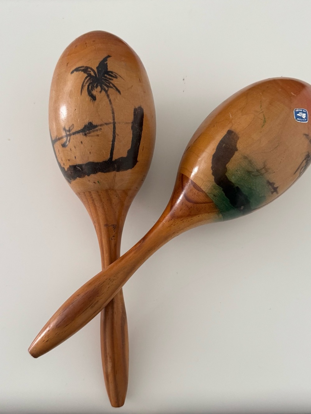 Pair Of Vintage Hand Painted Mexican Wood Maracas Palm Tree Designs 11.5 in